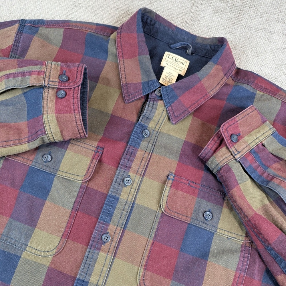 LL Bean Shirt Mens XL Tall Denim Plaid Flannel Lined Traditional Buffalo Check